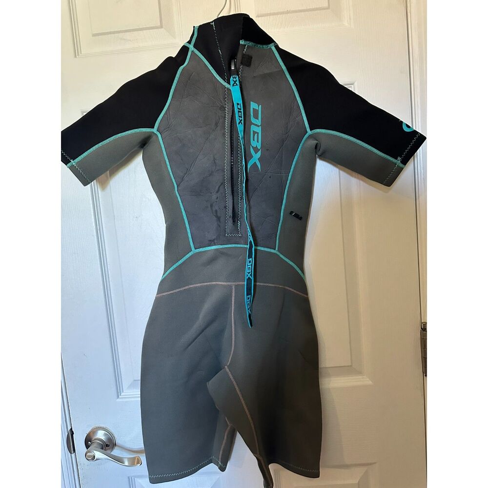 DBX Short‑Sleeve Wetsuit – Gray & Black with Turquoise Accents Size 10